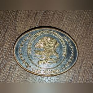 North American Hunting Club Life Member Vtg Belt Buckle Eagle Rifle USA